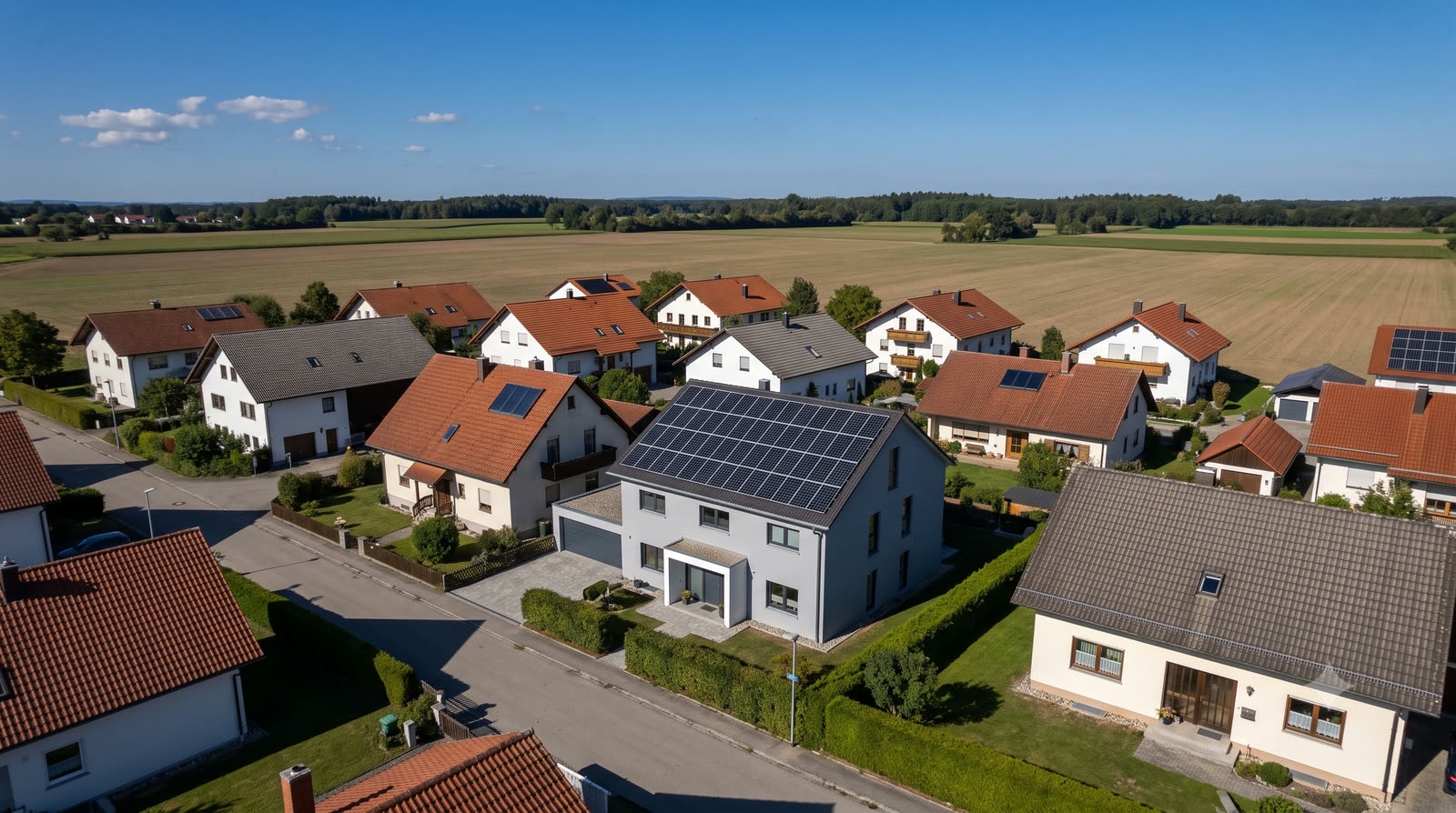 Luftaufnahme eines Wohngebiets im Landkreis Landshut mit mehreren Photovoltaik-Anlagen auf den Dächern