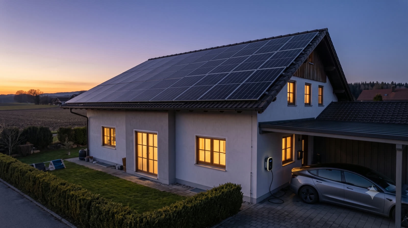 Einfamilienhaus mit voll belegtem Solardach in der Abenddämmerung, daneben ein E-Auto an der Wallbox