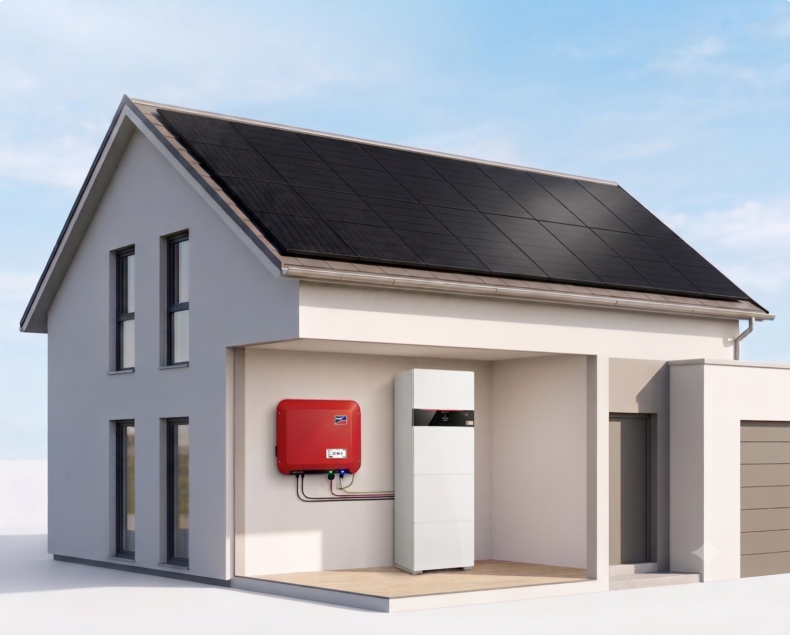 Einfamilienhaus mit Photovoltaik-Anlage auf dem Dach, Stromspeicher und Wechselrichter – ein komplettes Energiesystem